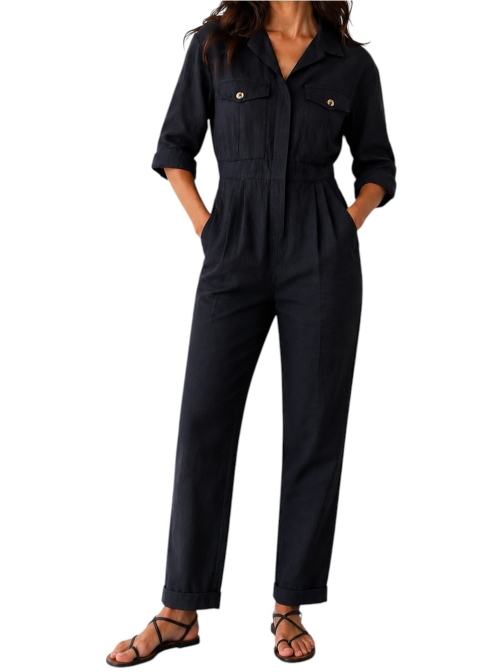 Topshop Black Button-Up 3/4 Sleeve Jumpsuit Size 4
